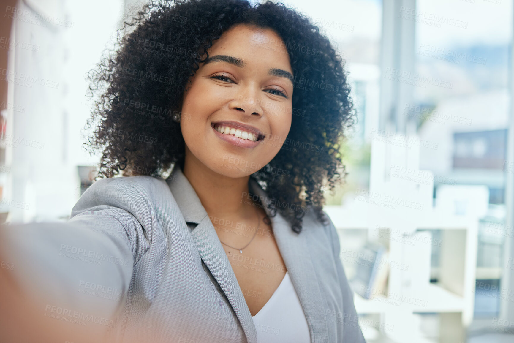 Buy stock photo Happy business woman, portrait or selfie in about us, company profile picture or social media introduction. Smile, face or self photography of worker in corporate financial office or friendly picture