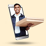 Phone, portrait and pizza delivery app with a man on screen in studio against a cream background. Food, order and ecommerce with a male fast food courier on a mobile display for easy convenience