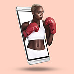 Phone, boxing and fitness app with black woman on studio background for sports, workout or training. Female with boxer gloves for online exercise tips, internet search and 3D display on screen mockup