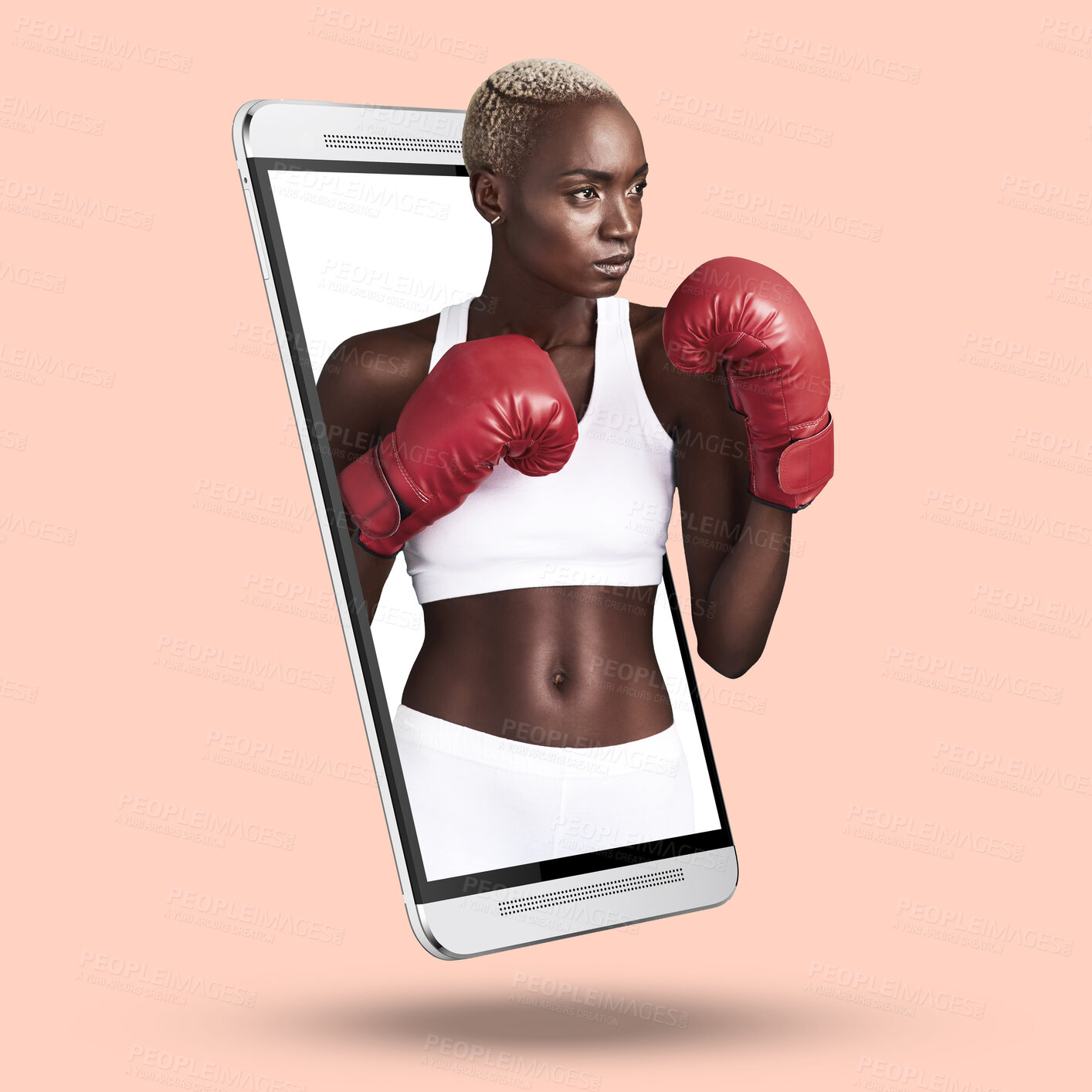 Buy stock photo Phone, boxing and fitness app with black woman on studio background for sports, workout or training. Female with boxer gloves for online exercise tips, internet search and 3D display on screen mockup