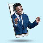 Phone, headphones and businessman in studio for a music app or website on the internet. 3d display, radio and African male model dancing to a song, album or playlist in cellphone by blue background.