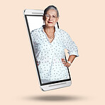 Happy, portrait and phone with a senior woman isolated on a studio background. Smile, confident and an elderly lady standing on the screen of a mobile for an online app, internet search or display