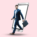 Double exposure, walking and a businessman with a phone isolated on a studio background. Looking, serious and a corporate executive employee with a briefcase stepping out of a cellphone on a backdrop