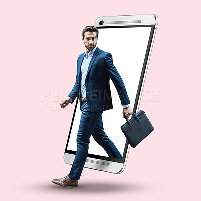 Buy stock photo Double exposure, walking and a businessman with a phone isolated on a studio background. Looking, serious and a corporate executive employee with a briefcase stepping out of a cellphone on a backdrop