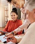 Corporate business, meeting and planning portrait of a woman with documents and tablet in office. Face of a female entrepreneur and man at table for team collaboration, teamwork and strategy or plan 