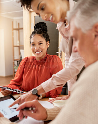 Buy stock photo Corporate business, meeting and planning portrait of a woman with documents and tablet in office. Face of a female entrepreneur and man at table for team collaboration, teamwork and strategy or plan 