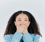 Woman, studio and shocked or omg surprise emoji with on face with hands on mouth. Female person with hand gesture for thinking of idea or fear for gossip or mistake isolated on a white background