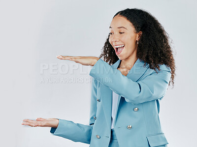 Buy stock photo Business woman, studio and hand or space for surprise product placement, sale or promotion. Happy female show wow hands gesture for mockup size, branding or advertising isolated on a white background