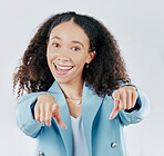 Happy, excited and portrait of woman pointing to you with joy for deal or sale isolated in a studio white background. Joy, celebrate and businesswoman with selection, choice or decision hand gesture