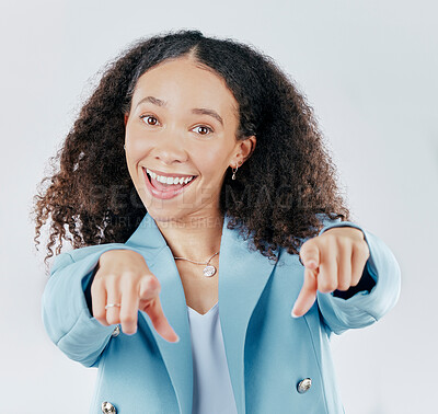 Buy stock photo Happy, excited and portrait of woman pointing to you with joy for deal or sale isolated in a studio white background. Joy, celebrate and businesswoman with selection, choice or decision hand gesture