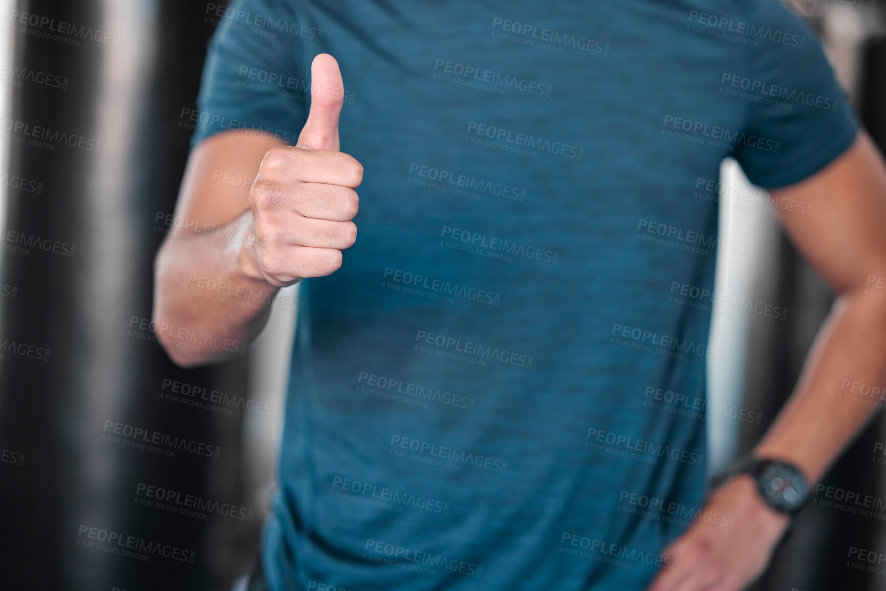 Buy stock photo Fitness, thumbs up and hands in gym for success, motivation and workout. Training, hand gesture and man or male athlete with emoji for yes, like or approval, agreement or ok, exercise goals or target