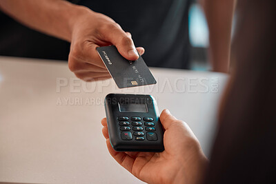 Buy stock photo Credit card, hands and payment machine for shopping, purchase or sales at shop. Fintech transaction, finance and man or customer with pos technology for buying, digital banking or paying in store.