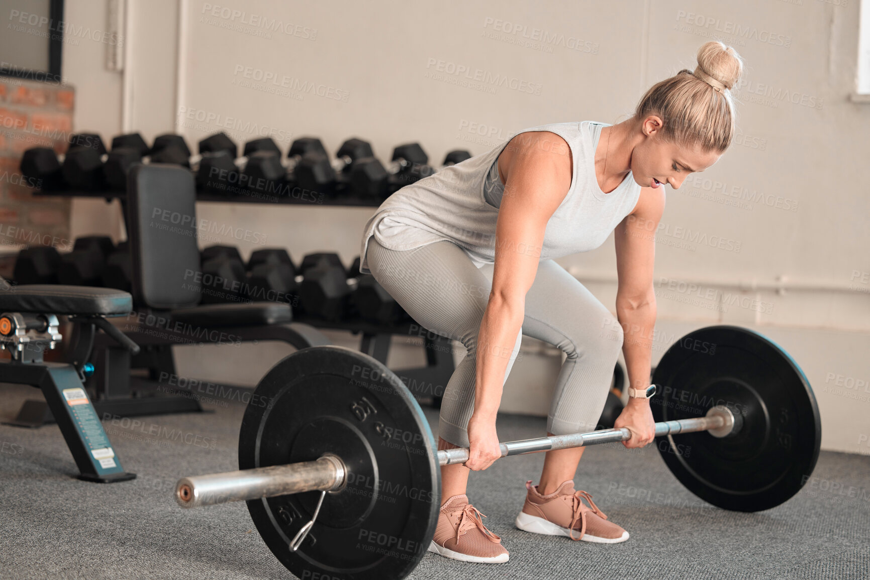 Buy stock photo Fitness, weightlifting and a woman bodybuilder in the gym for a workout to build a strong muscular physique. Exercise, bodybuilding and a female weightlifter training her body in a wellness center