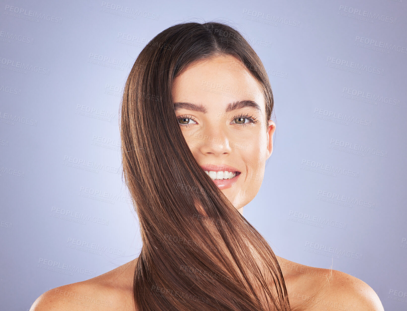 Buy stock photo Woman smile, beauty portrait and hair care in studio for texture, growth and shine on blue background. Aesthetic female model face for self love, haircare and cosmetics for salon or hairdresser 