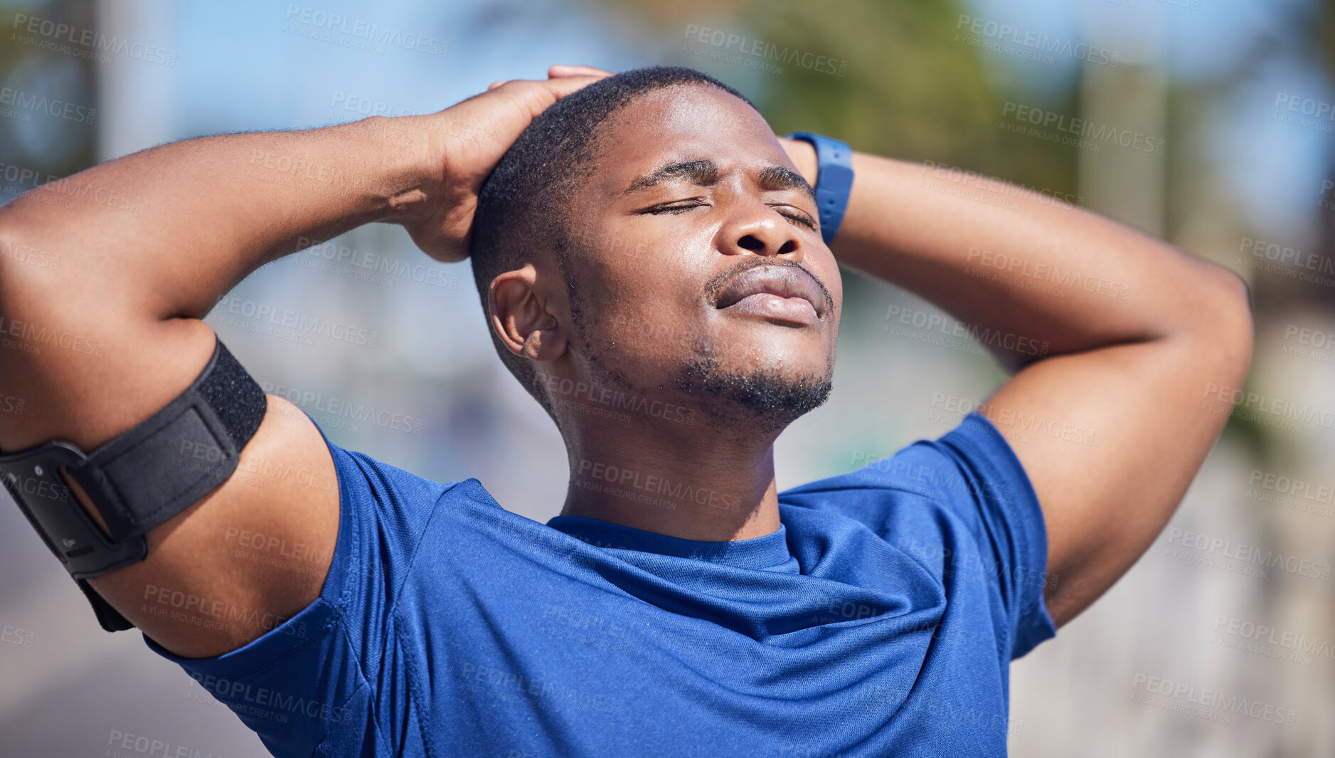 Buy stock photo Training, fitness and tired black man runner with sun on face for break from exercise, cardio or running. Workout, stop and breathe by athletic male relax outside for marathon, run or sport routine