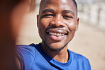 Selfie, fitness and smile with portrait of black man for running, wellness and happiness. Social media, influencer and photography with male jogger in outdoors for picture, exercise and training