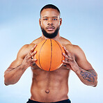 Basketball, sports and portrait of black man in studio serious face for fitness, exercise and training. Sport mockup, motivation and male athlete focus with ball for playing, workout and practice
