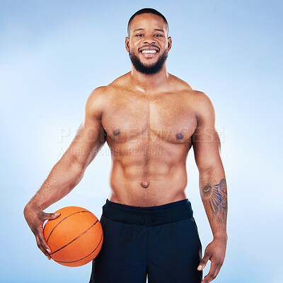 Buy stock photo Basketball, sports and portrait of black man in studio with smile for fitness, exercise and training. Sport mockup, motivation and happy male athlete model with ball for active, workout and practice