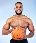 Basketball player, black man and studio portrait with smile, shirtless or happy for sports by blue background. Young fitness expert, body wellness or ball in hands for development, sport and games