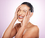 Happy senior woman, skincare and studio with smile for beauty, makeup and wellness by pink background. Model, cosmetic and comic laugh with pride, self care or natural glow on facial skin by backdrop