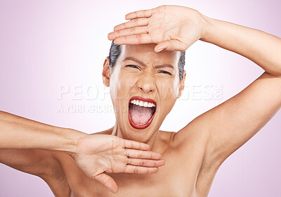 Buy stock photo Portrait, beauty and a screaming woman in studio on a pink background for skincare or expression. Face, hands and emotion with an attractive young female shouting for natural treatment or cosmetics