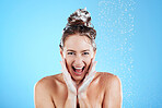 Shower, beauty and portrait of woman shout in studio excited for wellness, body hygiene and cleaning hair. Skincare, bathroom and face of happy girl with water splash, shampoo and washing products