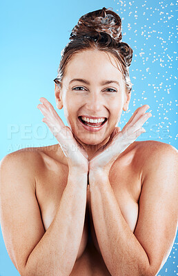 Buy stock photo Shower, beauty and portrait of woman with excited smile for wellness, body hygiene and cleaning hair. Skincare, bathroom mockup and face of happy girl with water splash, shampoo and cosmetic products