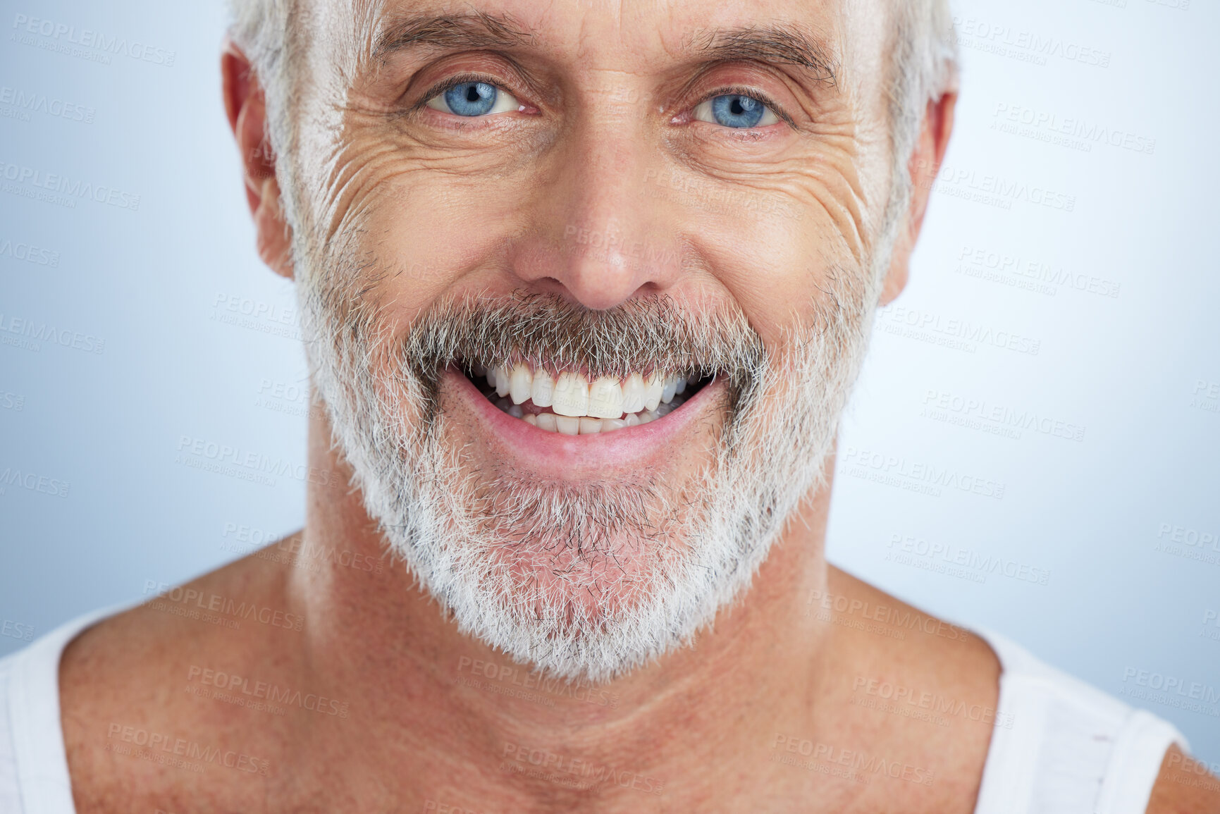 Buy stock photo Senior man, face and teeth with smile for dental care, hygiene or surgery against a studio background. Portrait of happy elderly male smiling for facial, tooth whitening or oral and mouth treatment