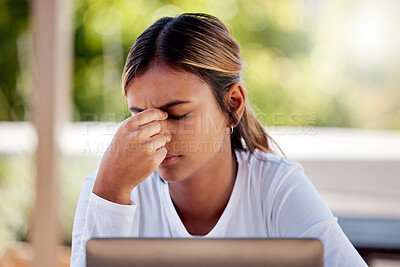 Buy stock photo Headache, laptop and study with woman on college campus for education, stress and research. Migraine, overworked and mental health with student in outdoors for frustrated, tired and problems