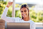 Winner, laptop and celebration with a freelance work remote working from home on her small business startup. Wow, motivation and cheering with an attractive young female entrepreneur working online