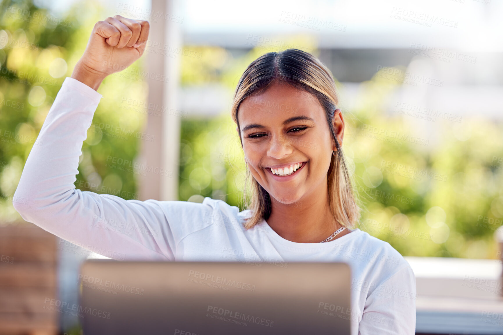 Buy stock photo Winner, laptop and celebration with a freelance work remote working from home on her small business startup. Wow, motivation and cheering with an attractive young female entrepreneur working online