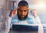 Thinking, finance hologram and black man on laptop working on stock trading, data analytics and research. Digital overlay, business and male worker with ideas, brainstorming and strategy on computer