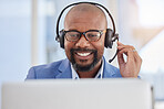 Black man, call center and business consulting in customer support, telemarketing or service at office. Happy African American male consultant agent smiling with headphones and mic for online advice