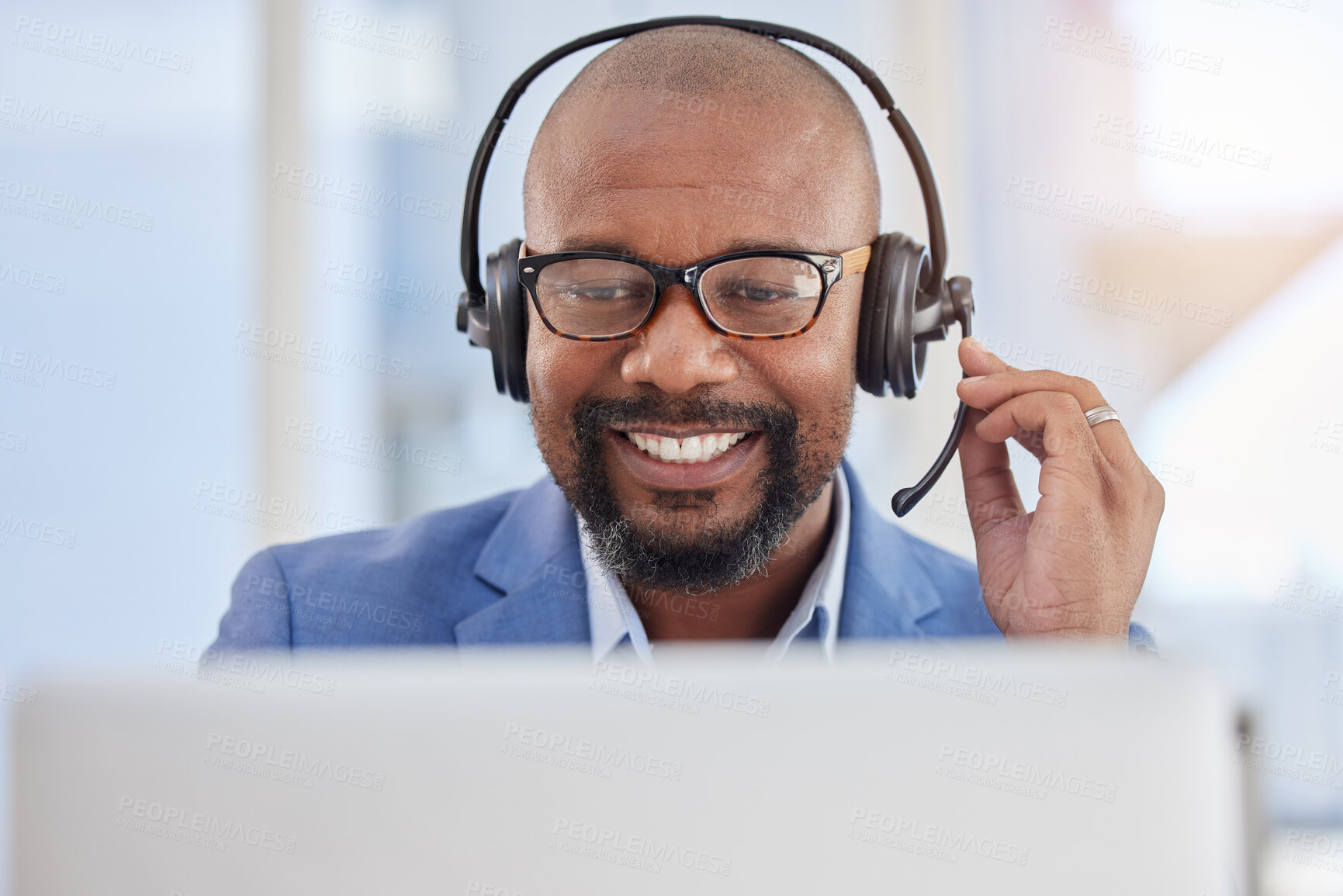 Buy stock photo Black man, call center and business consulting in customer support, telemarketing or service at office. Happy African American male consultant agent smiling with headphones and mic for online advice