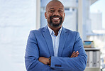 Happy black man, arms crossed or business portrait of corporate motivation in company about us or profile picture. Smile, confident or mature management person and success mindset or CEO introduction