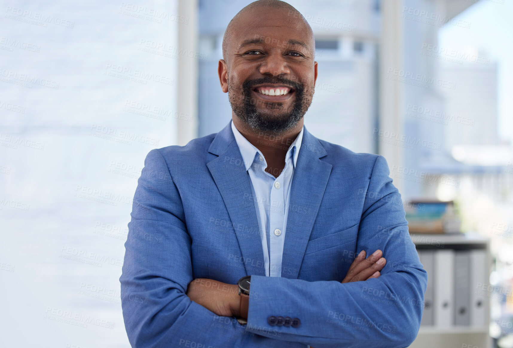 Buy stock photo Happy black man, arms crossed or business portrait of corporate motivation in company about us or profile picture. Smile, confident or mature management person and success mindset or CEO introduction