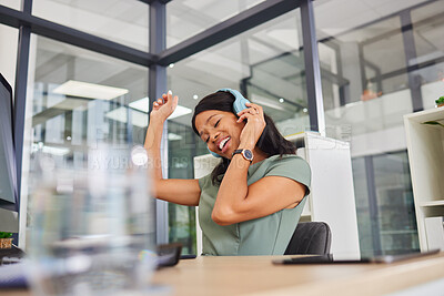 Buy stock photo Headphones, music and happy woman in office dancing for career happiness, mental health and job celebration. Black person, employee or business worker listening to audio tech for workplace wellness