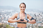 Fitness, woman and portrait with heart hands for workout, exercise or running and healthcare in nature. Happy or fit female smiling showing hearty hand emoji, symbol or shape for self love or care