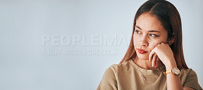 Buy stock photo Woman, thinking and space for idea in studio with 
 advertising or product placement mockup. Face of female on white background serious, doubt or planning and contemplating logo or branding decision