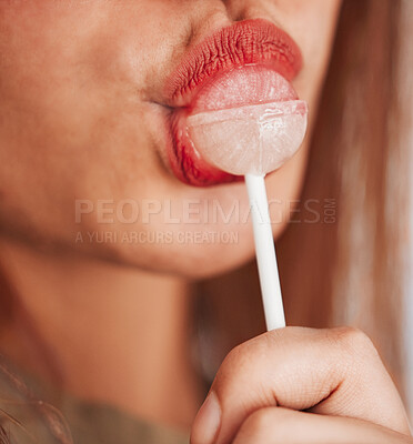 Buy stock photo Lollipop, woman and mouth closeup with makeup, cosmetic and beauty while eating sweet candy. Lips, young person and hungry female model with a girl pout with sweets and cosmetics for youth aesthetic