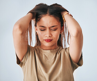 Buy stock photo Headache, annoyed and anxiety of woman in studio with pressure and frustrated. Mental health issue, young female and migraine of worker with a head massage and stress problem with background