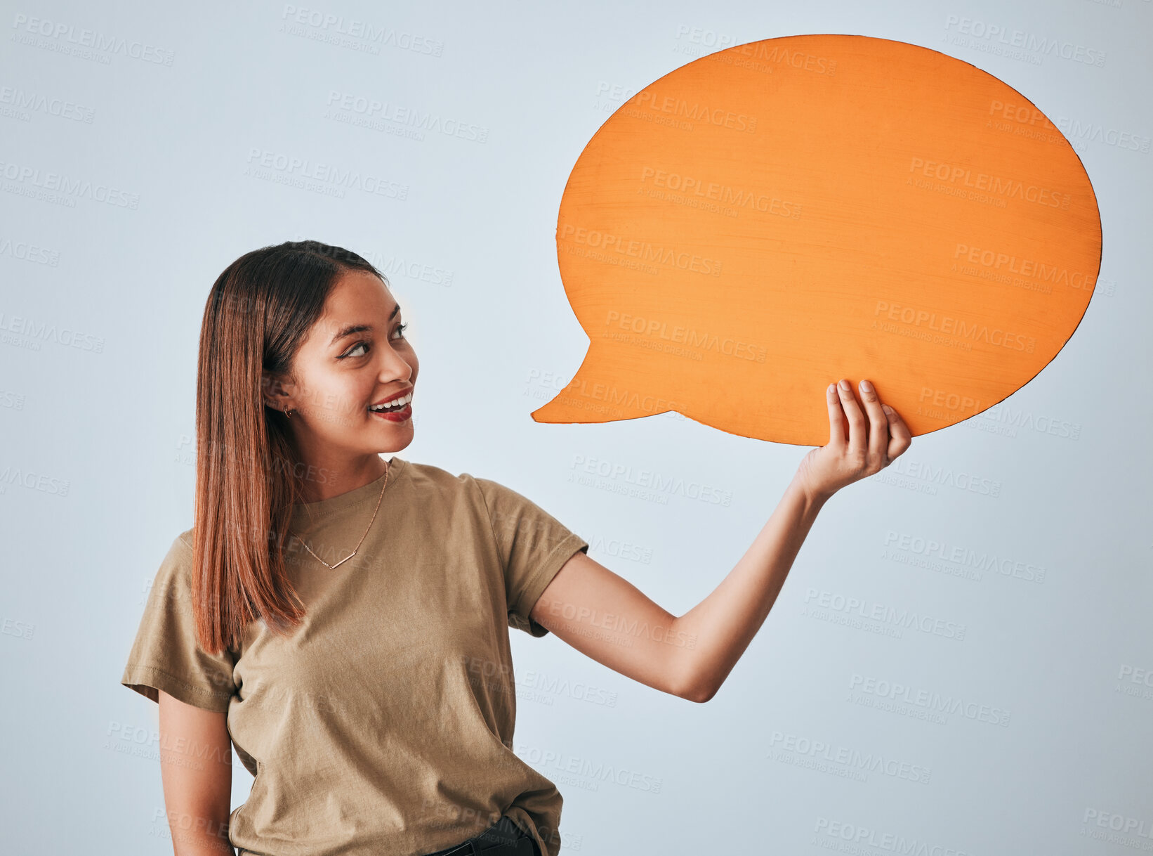 Buy stock photo Speech bubble, smile and woman with mockup in studio isolated on a white background. Social media, poster and happy girl with billboard for voice, opinion or branding, marketing or advertising space.