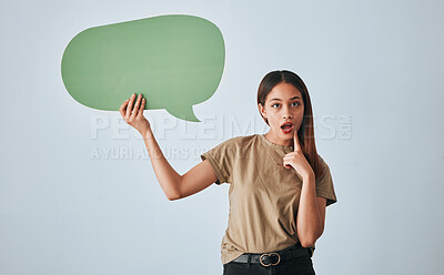 Buy stock photo Woman, speech bubble and thinking in studio for thought, social media or problem solving with opinion. Girl student, model and paper poster for opinion, ideas and think with mindset with mockup space