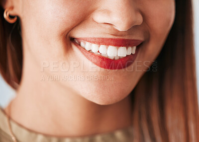 Buy stock photo Woman, smile and closeup of dental wellness, healthcare and dentist of female veneers. Happy, cosmetics and young person with teeth whitening, lipstick and healthy clean mouth with dentistry