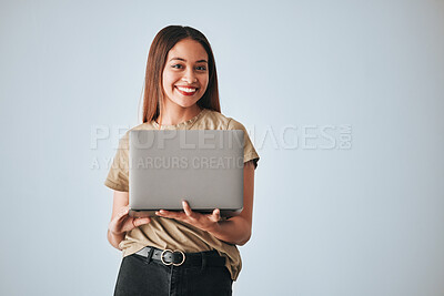 Buy stock photo Portrait, smile and woman with laptop in studio isolated on a white background mockup. Social media, computer and happiness of person with pc for online browsing, web scrolling or typing on backdrop.