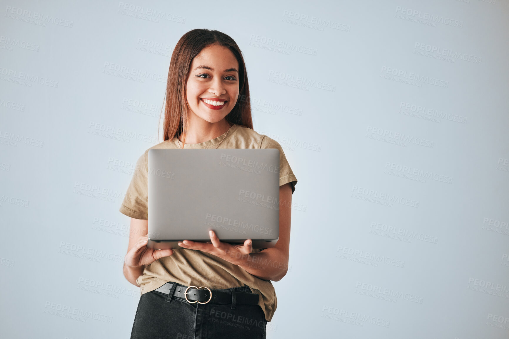 Buy stock photo Portrait, smile and woman with laptop in studio isolated on a white background mockup. Social media, computer and happiness of person with pc for online browsing, web scrolling or typing on backdrop.