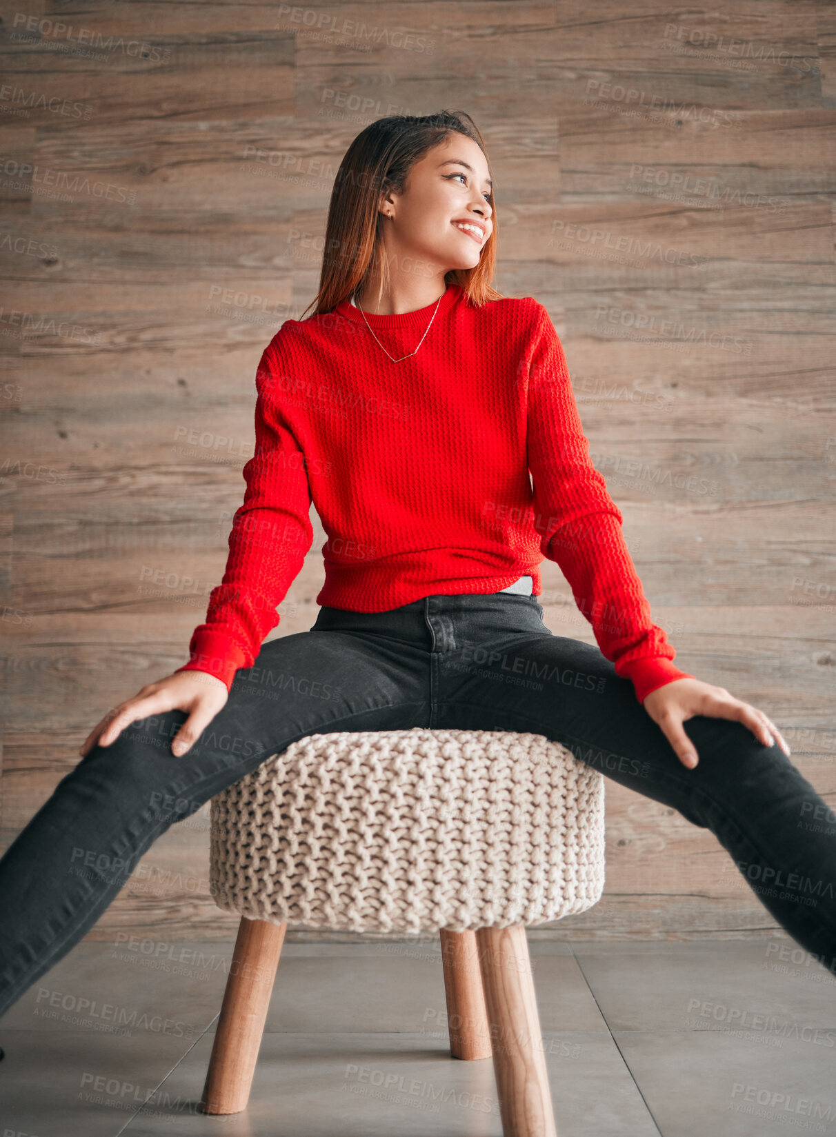 Buy stock photo Happy, relax and a woman thinking on a chair with fashion, idea and vision in a living room. Smile, lifestyle and a girl sitting with stylish clothing, confidence and happiness in a home lounge