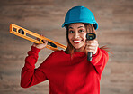 Construction, business woman and portrait of a property management worker with engineer tools. Safety helmet, smile and engineering stud detector for a home renovation project with a female employee
