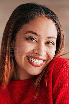 Buy stock photo Happy, beautiful and portrait of a young woman isolated on a studio background. Happiness, content and closeup of the face of a girl relaxing, looking comfortable and attractive on a bokeh backdrop
