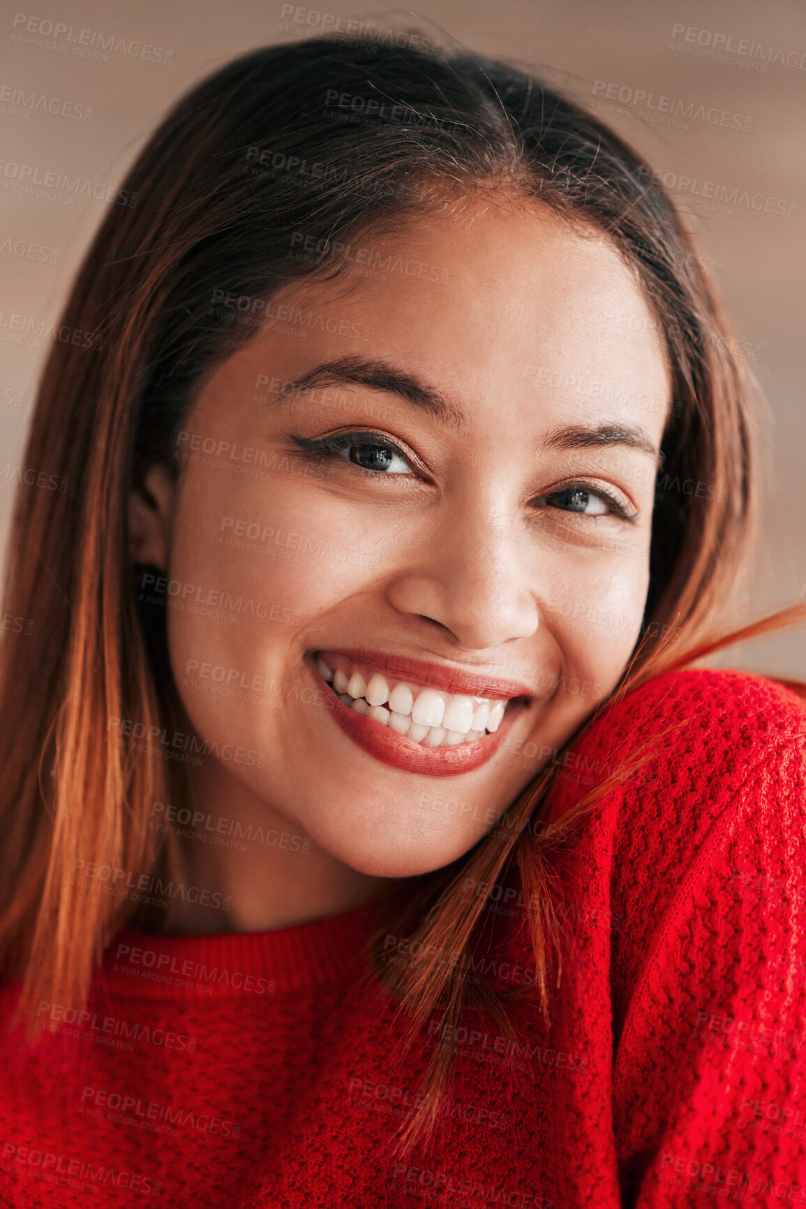 Buy stock photo Happy, beautiful and portrait of a young woman isolated on a studio background. Happiness, content and closeup of the face of a girl relaxing, looking comfortable and attractive on a bokeh backdrop